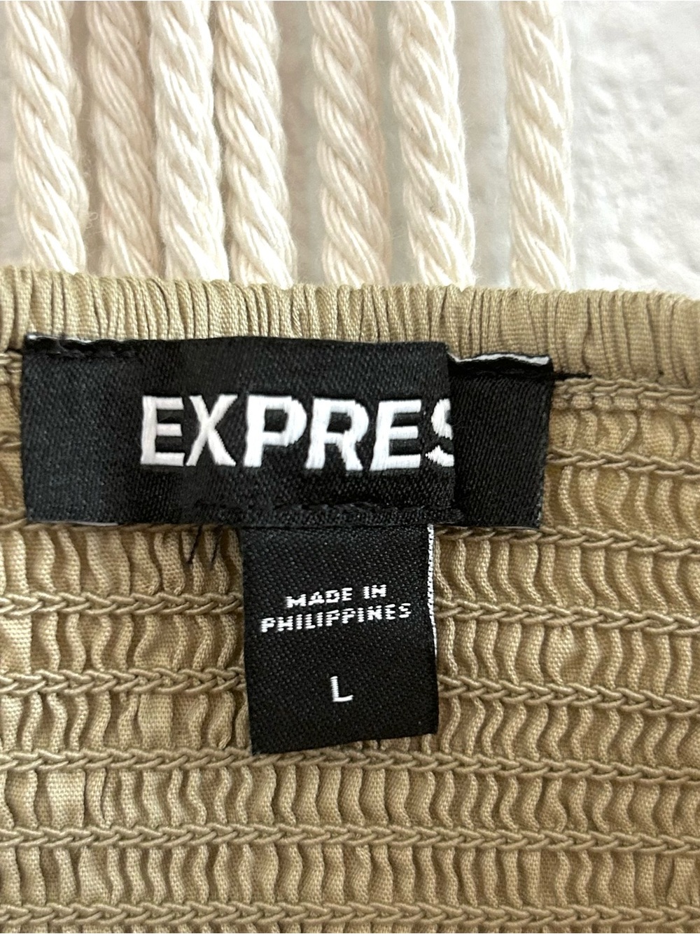 Express Rouched Bodice Mini Dress Beige Spaghetti Strap Cotton Blend Size L - Picture 11 of 13